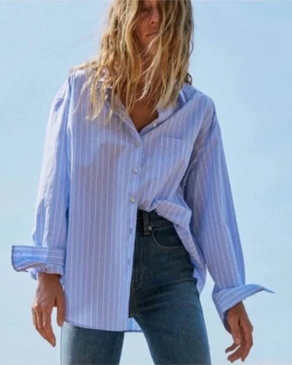 AYR Tops - AYR L 100% cotton deep end blue pinstriped button down